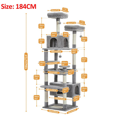 Gray cat tree with dimensions labeled on a white background