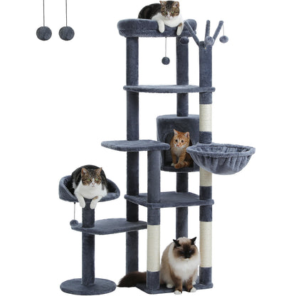 Cat tree with multiple levels and a cat sitting on each level against a white background