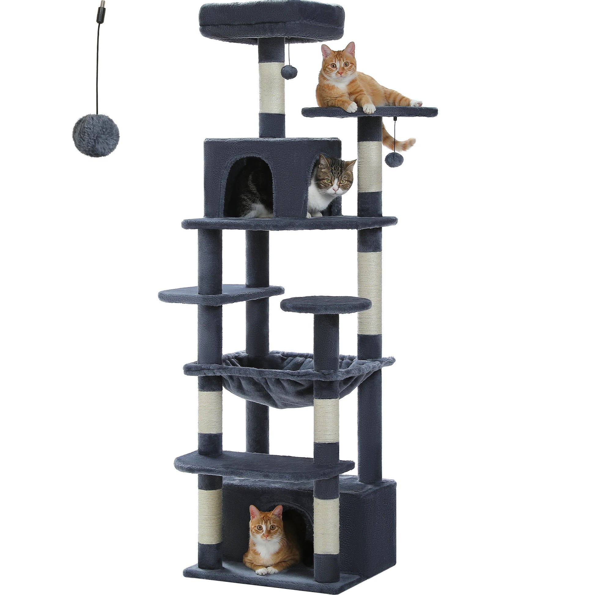 Cat tree with multiple levels and a cat sitting on top