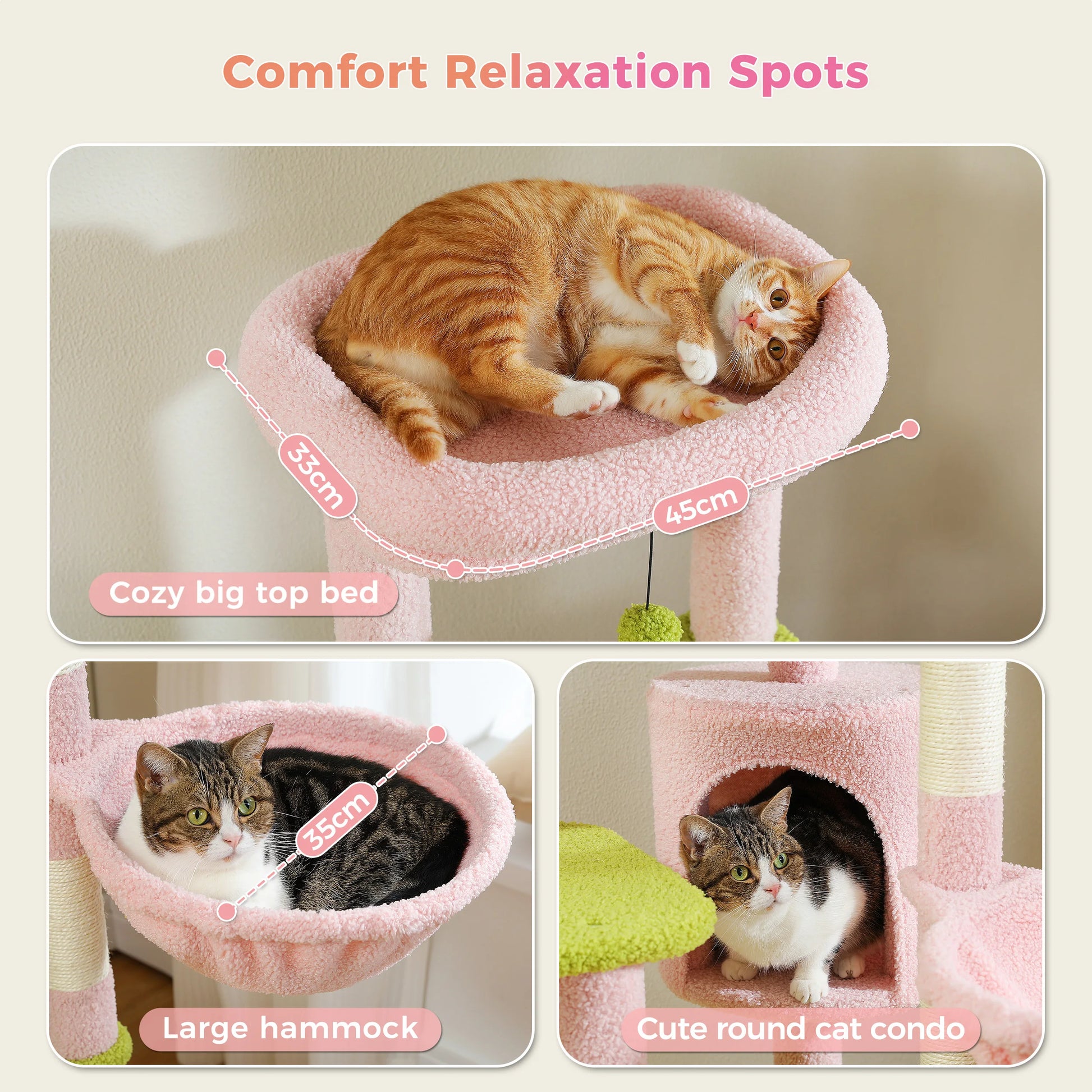 Cat lounging on a pink cat tree with measurements and text indicating comfort relaxation spots.