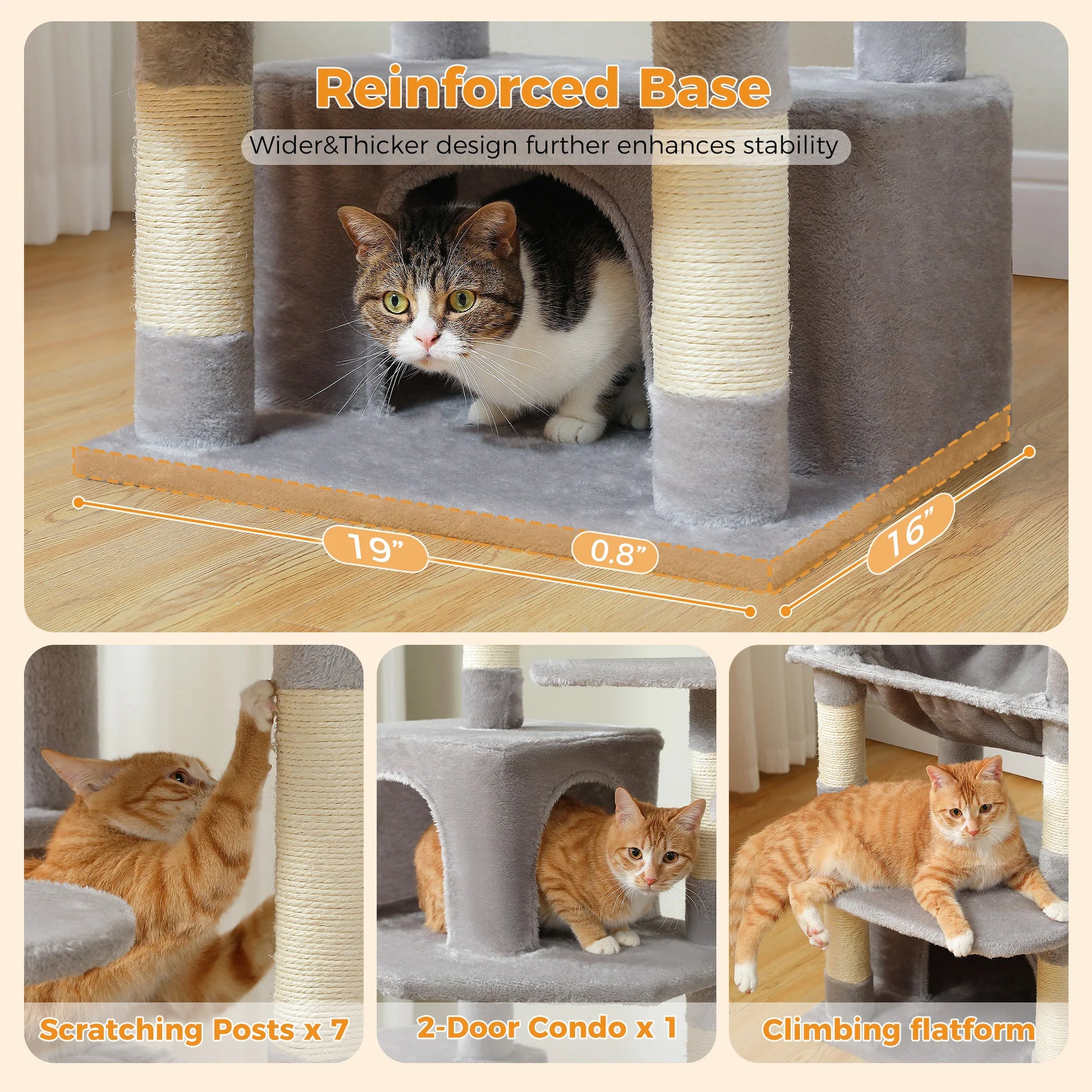 Cat playing on a multi-level cat tree with measurements and features highlighted.