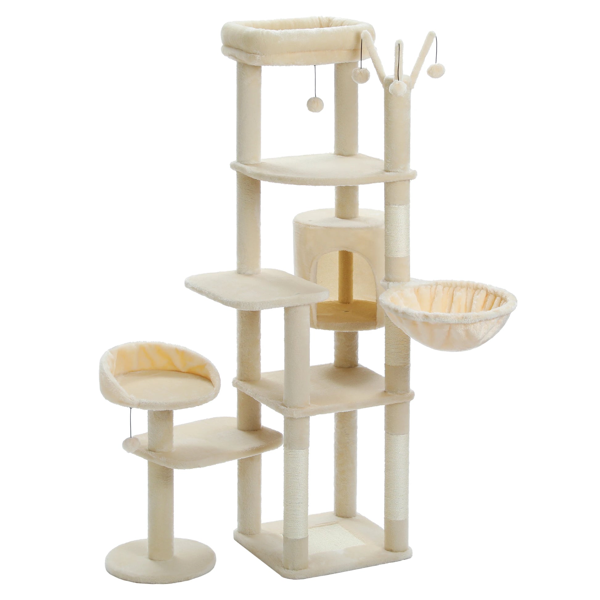 Beige cat tree with multiple levels, perches, and a hammock on a white background