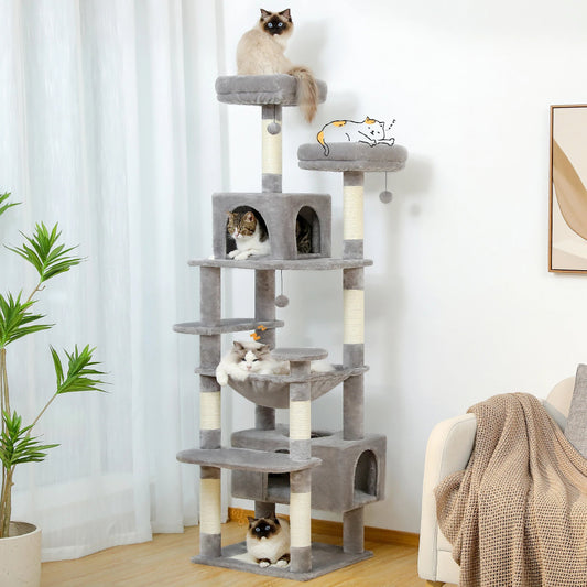 Cat tree with multiple cats on different levels in a room with a plant and chair.