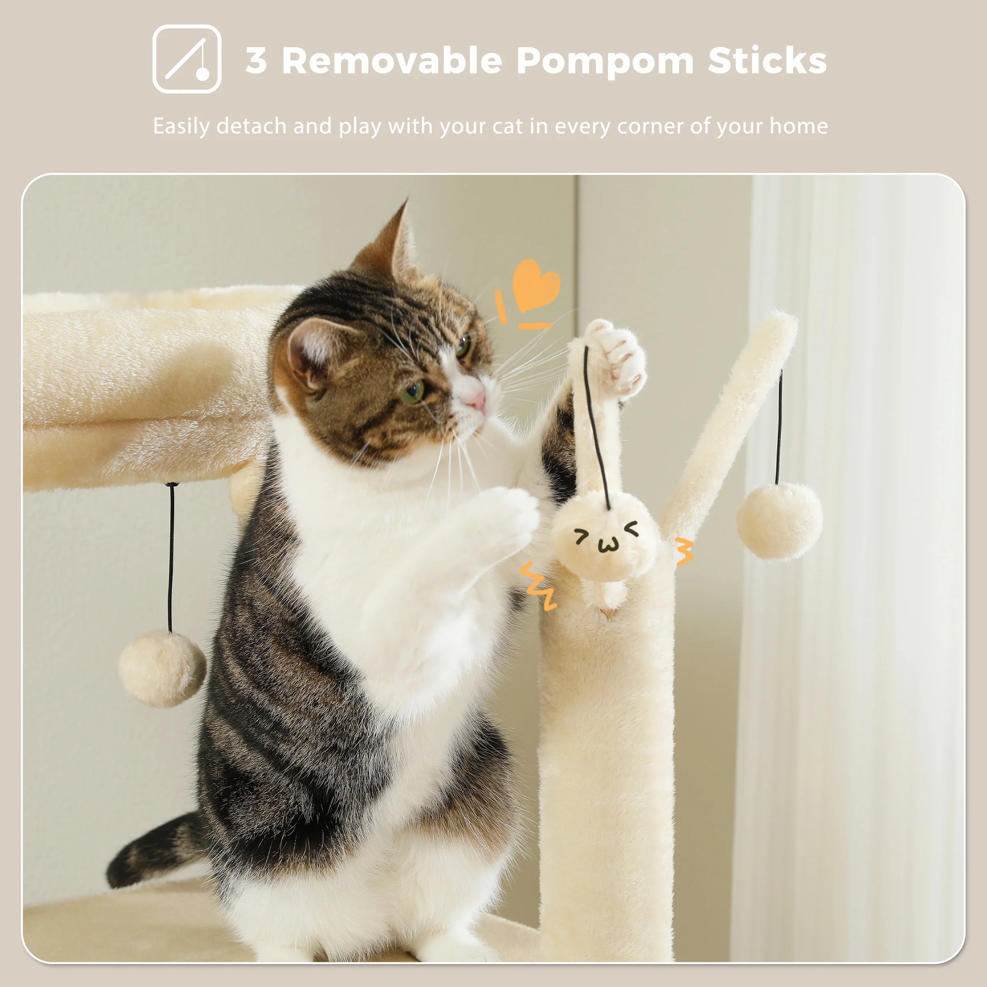 Cat playing with a cat toy set with removable pom-pom sticks on a light background