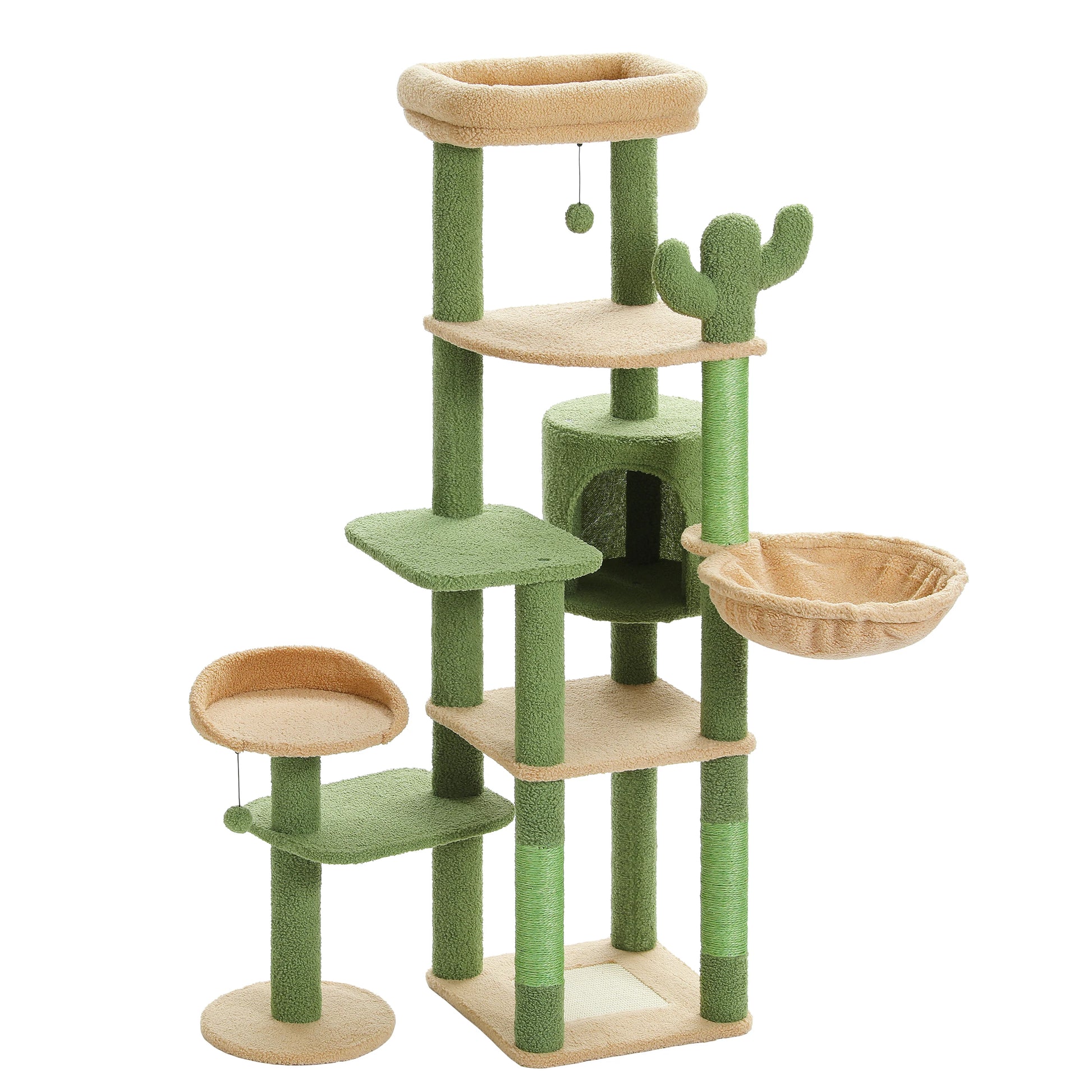 Green and beige cat tree with multiple levels and a hanging ball on a white background