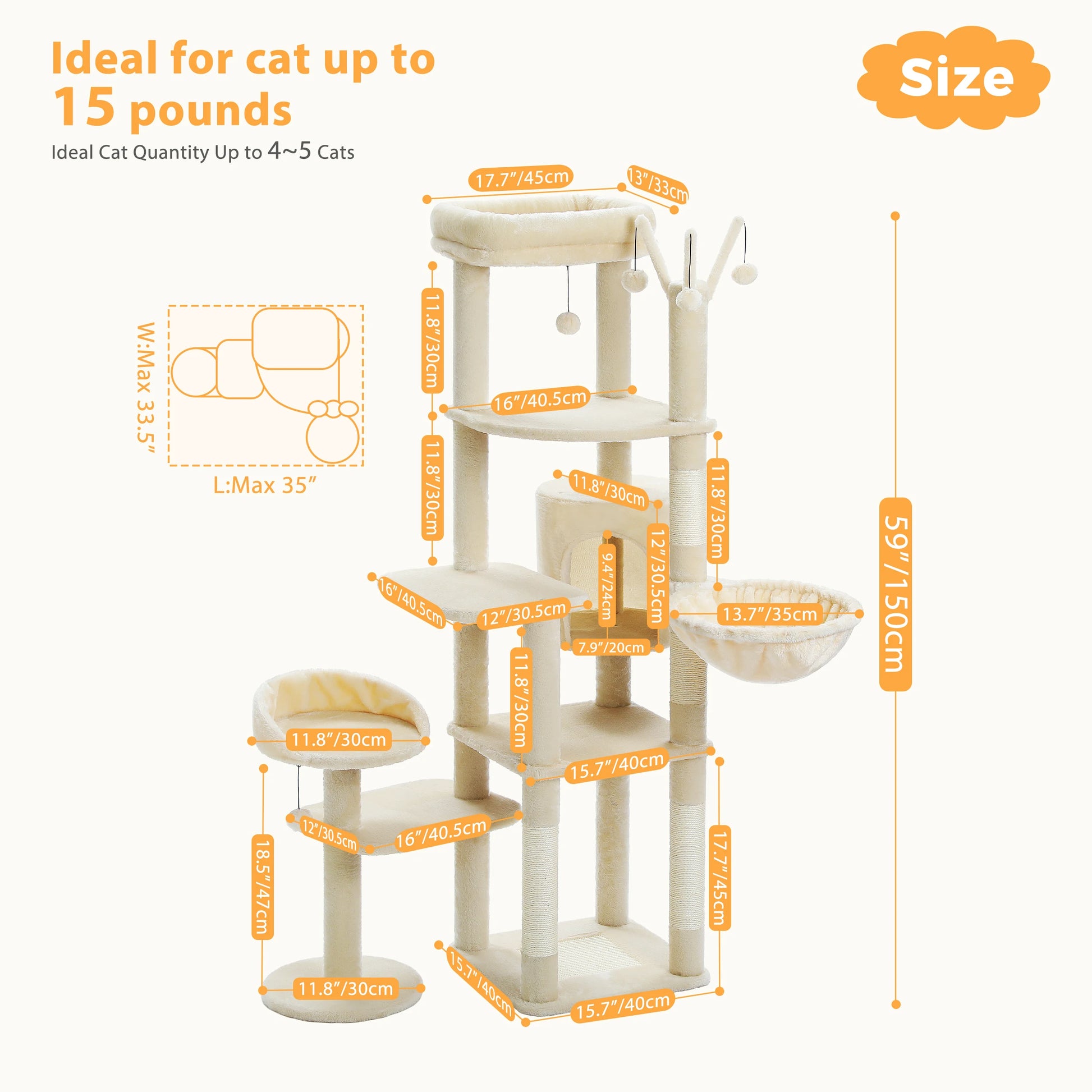 Cat tree with dimensions and size information on a white background