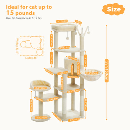 Cat tree with dimensions and size information on a white background