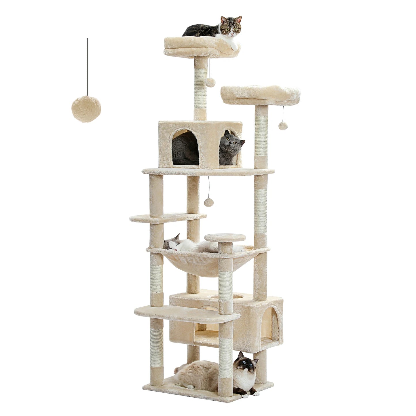 Cat tree with multiple levels and a cat on each level against a white background