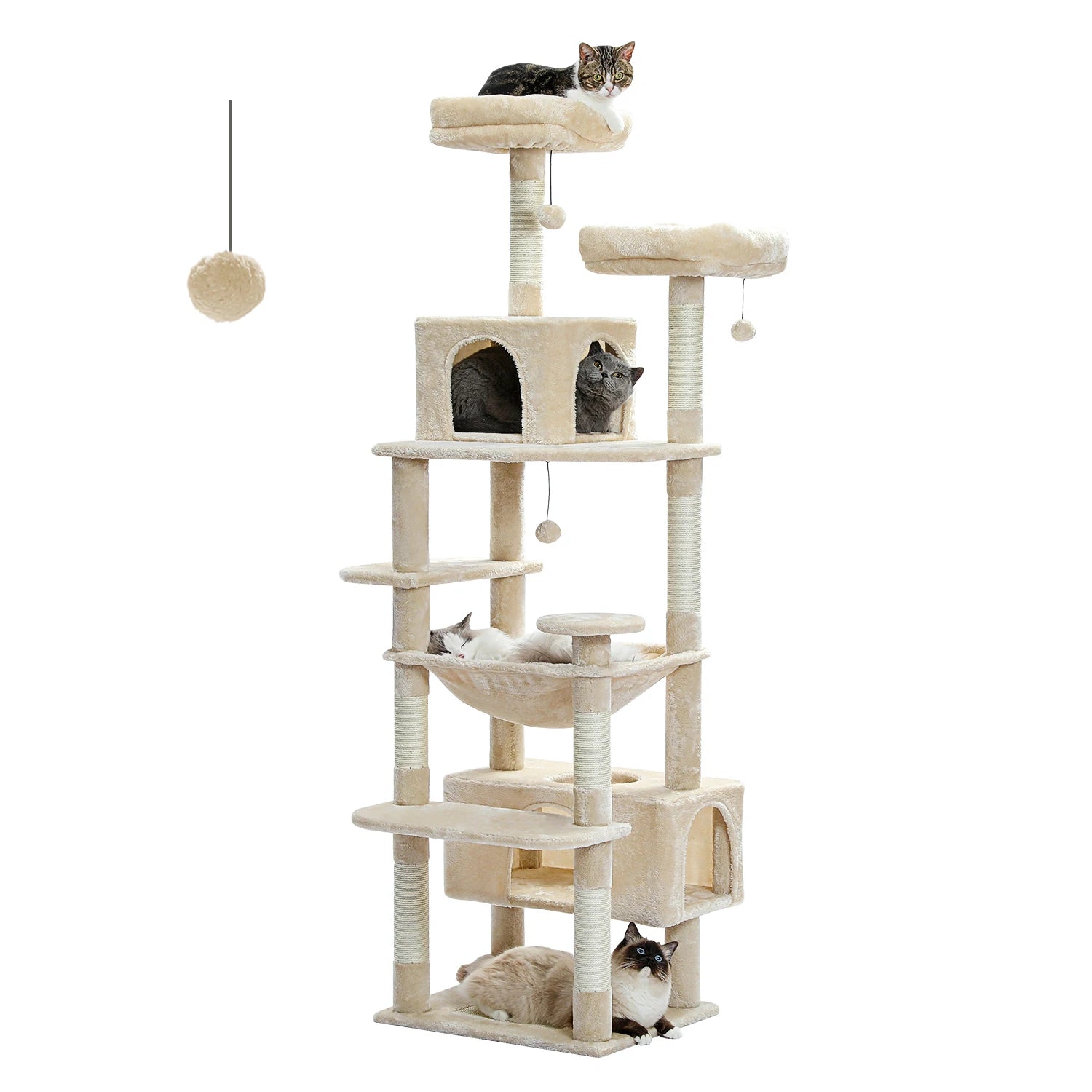 Cat tree with multiple levels and a cat on each level against a white background