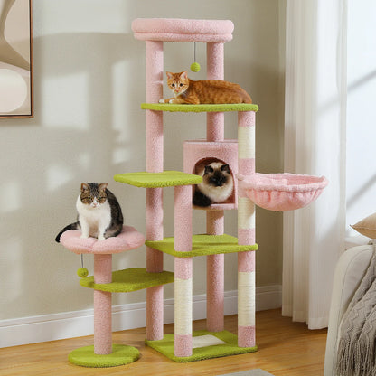 Pink and green cat tree with cats on various levels in a room.