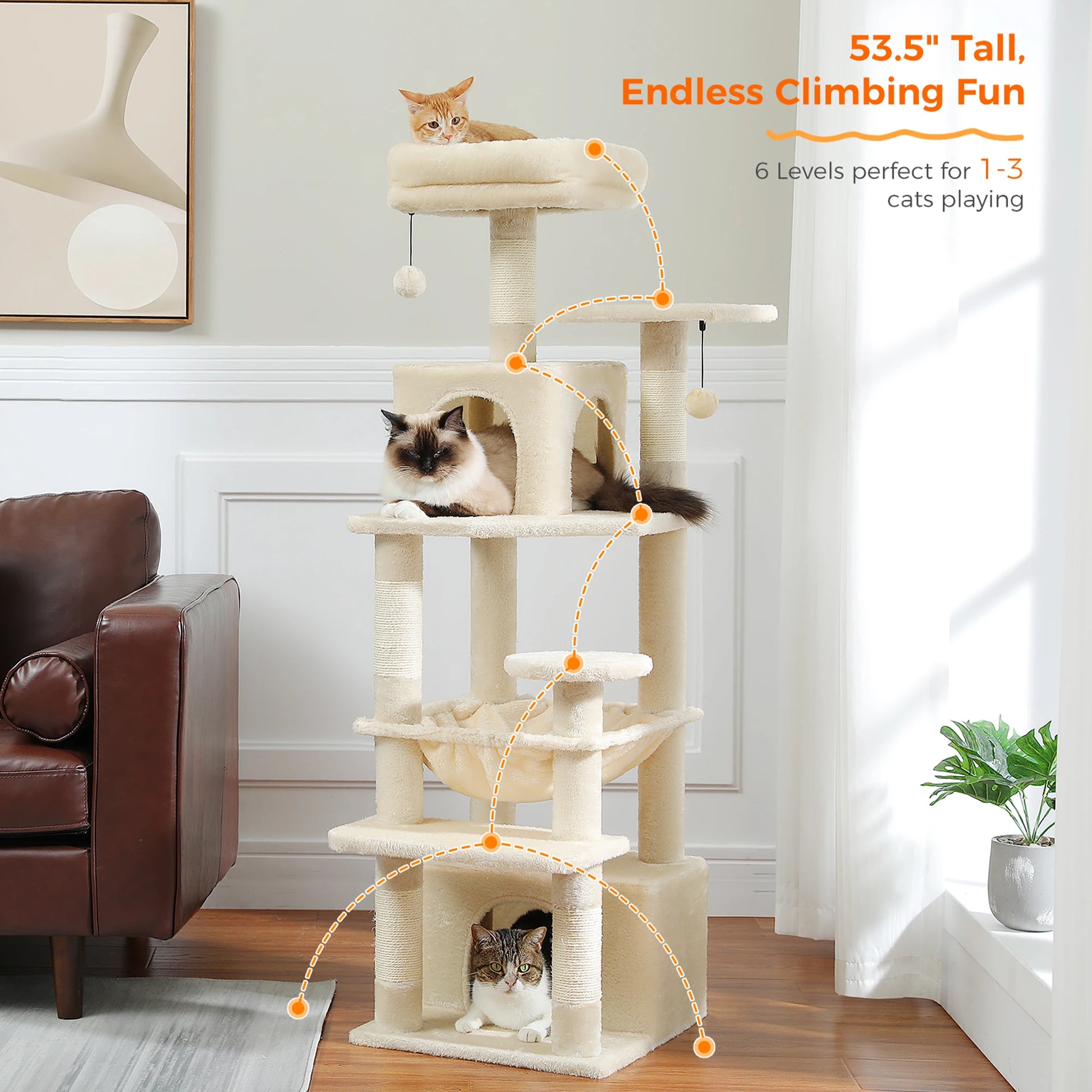Cat tree with multiple levels in a living room setting, featuring text about height and climbing fun.