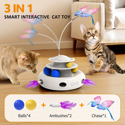 3-in-1 smart interactive cat toy with cats playing around it on a wooden floor.