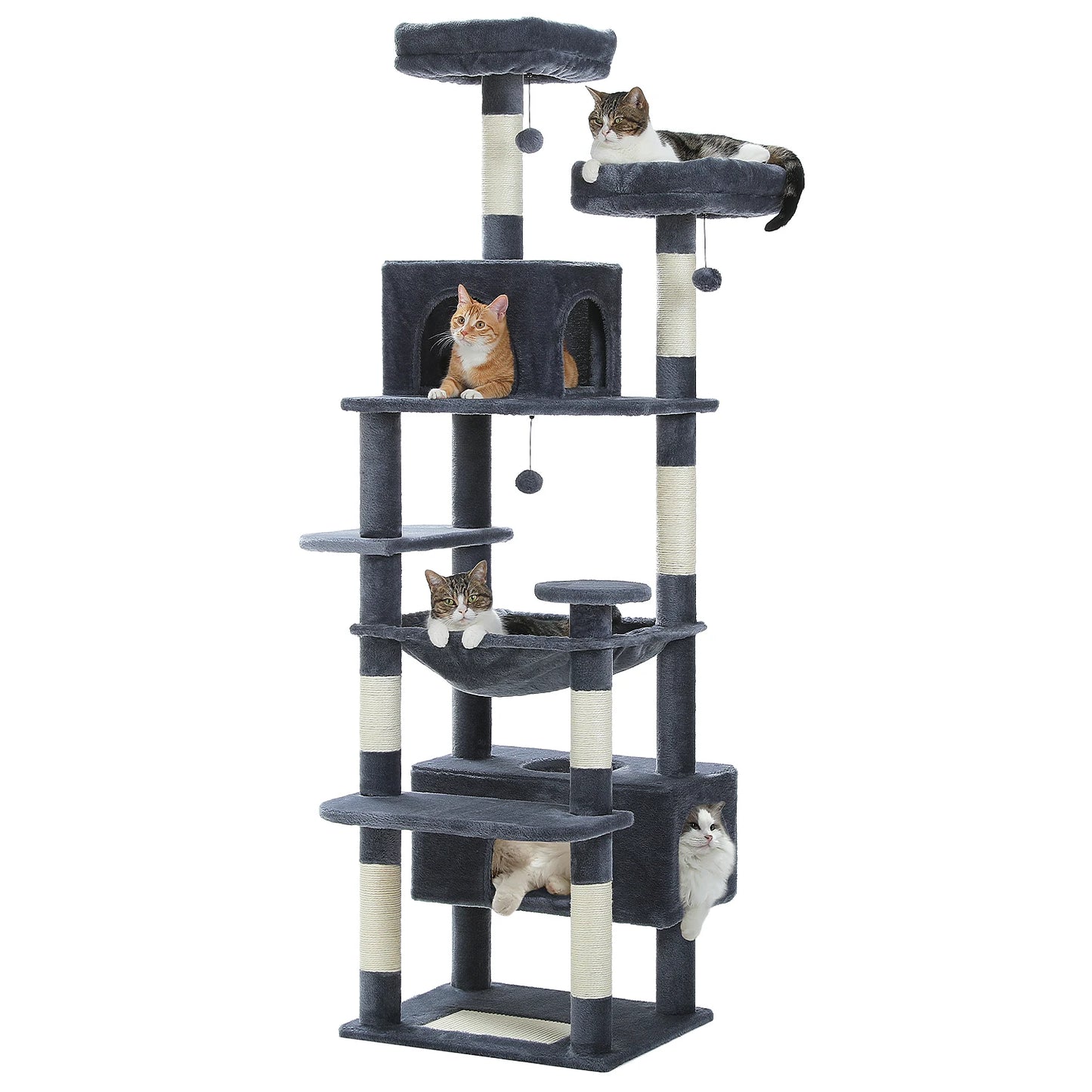 Cat tree with multiple levels and perches on a white background