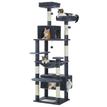 Cat tree with multiple levels and perches on a white background