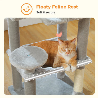 Cat resting on a 'Floaty Feline Rest' product with a soft and secure design.