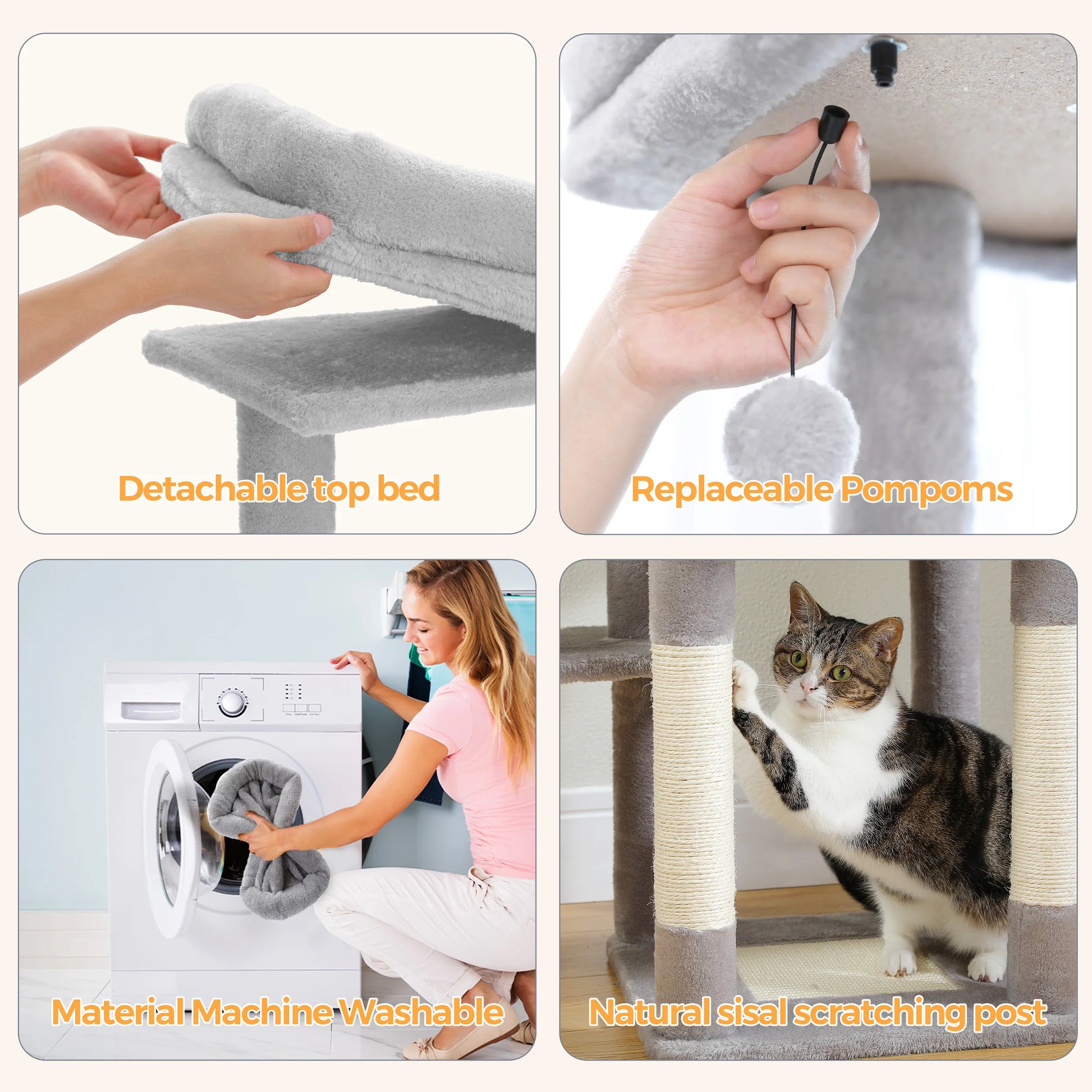 Collage of a cat tree with features like detachable top bed, replaceable pom-poms, machine-washable material, and natural sisal scratching post.