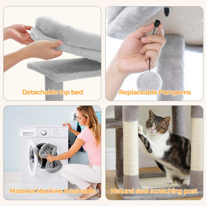 Collage of a cat tree with features like detachable top bed, replaceable pom-poms, machine-washable material, and natural sisal scratching post.