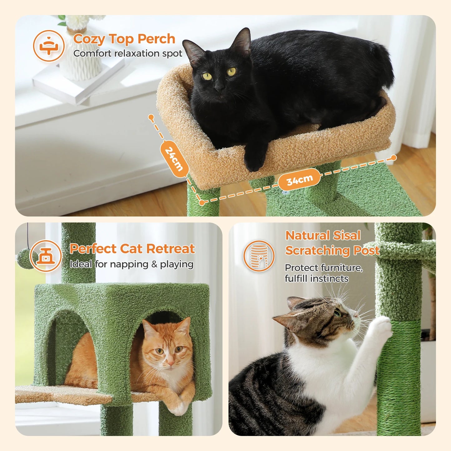 Cat tree with cats on it, labeled as a 'Cozy Top Perch', 'Perfect Cat Retreat', and 'Natural Sisal Scratching Post'.