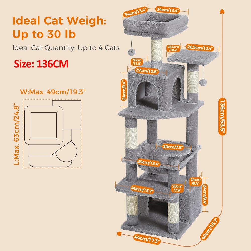 Cat tree with dimensions and specifications on a beige background