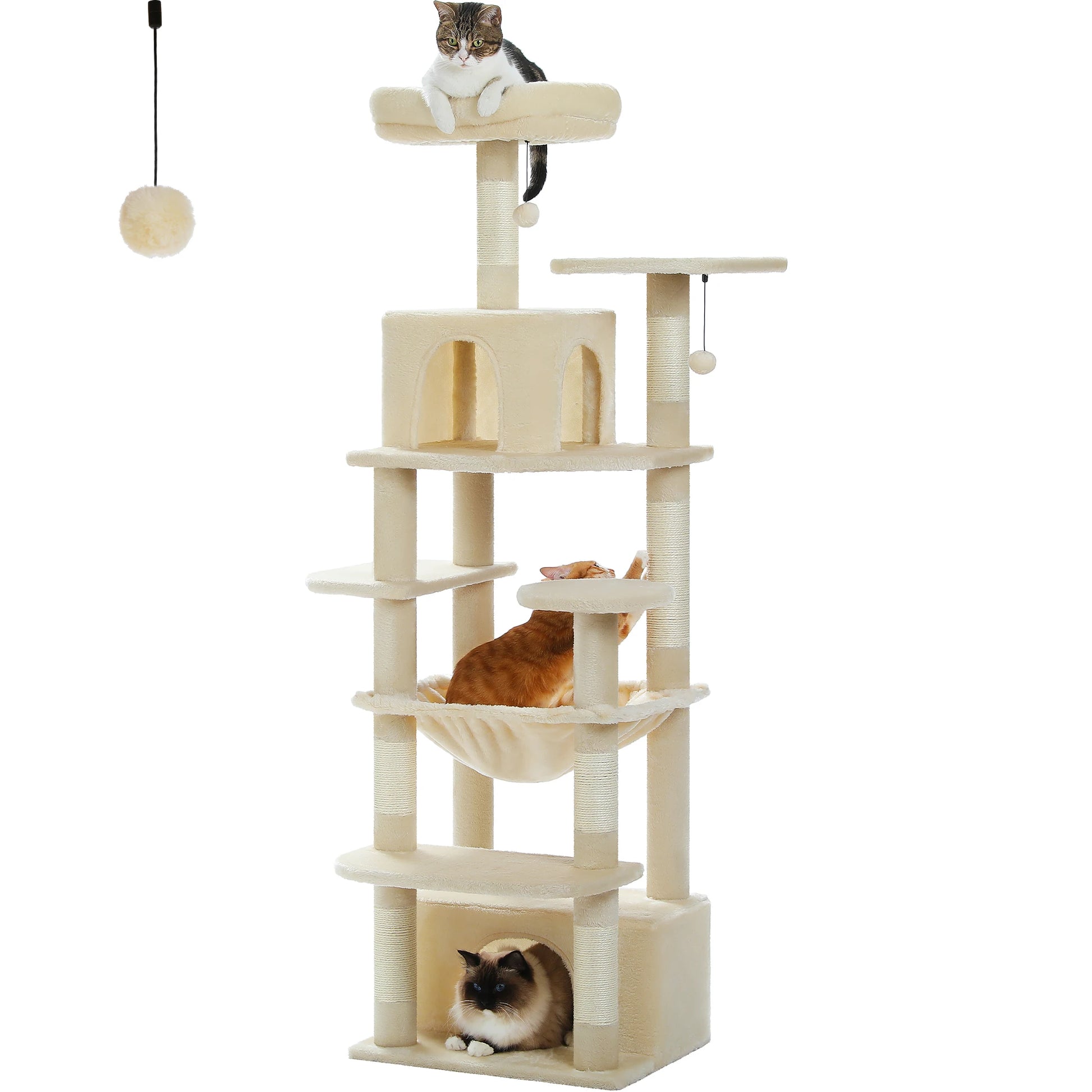 Cat tree with multiple levels and a cat sitting on each level against a white background