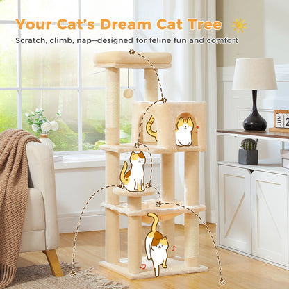 Cat tree with cartoon cats on a wooden floor in a room with a window and furniture.