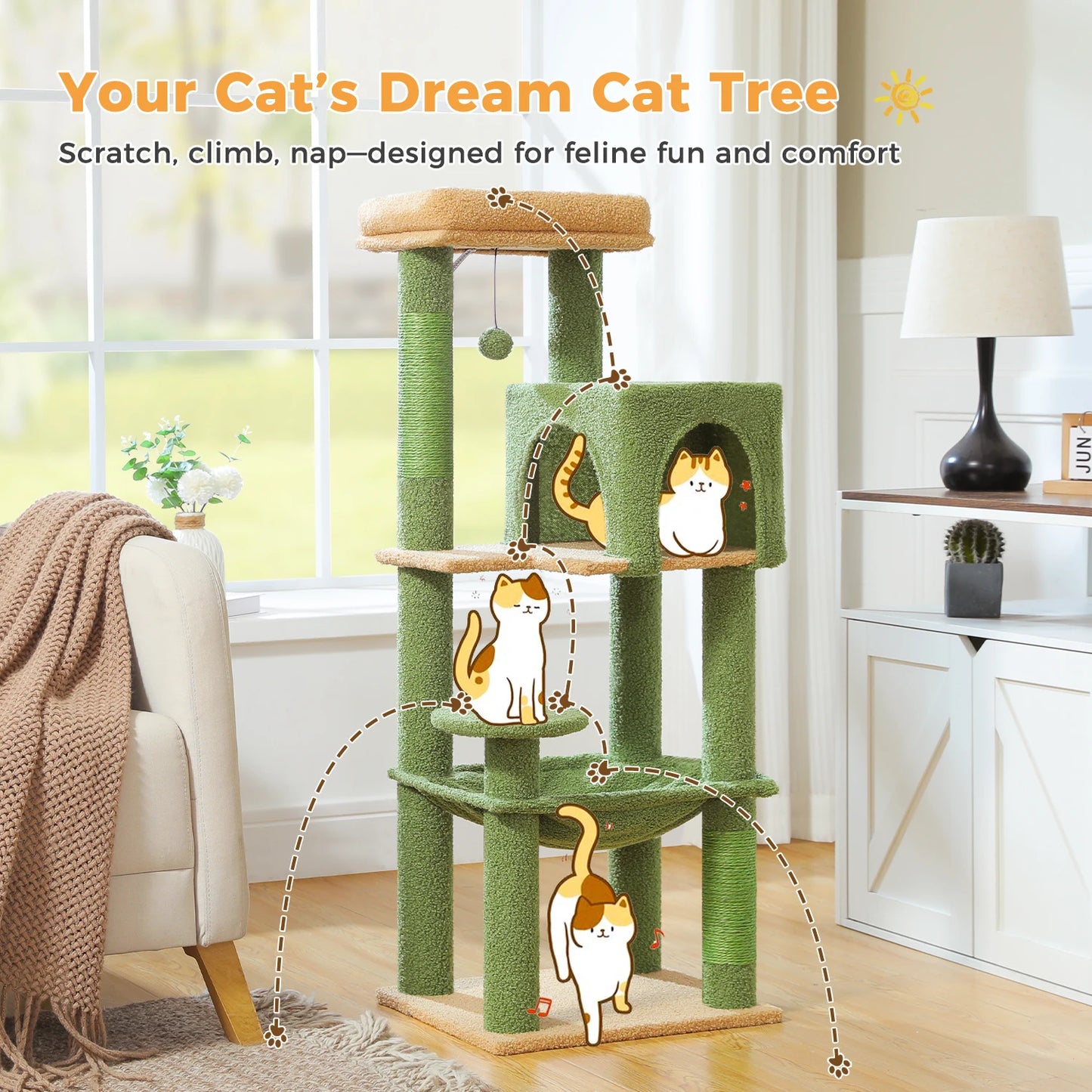 Cat tree with multiple levels and a cat design on a wooden floor in a room.