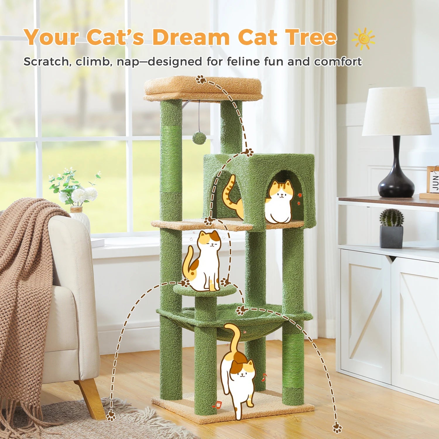 Cat tree with multiple levels and a cat design on a wooden floor in a room.