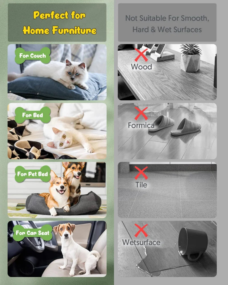 Product usage guide with images of pets and text indicating suitable and unsuitable surfaces.