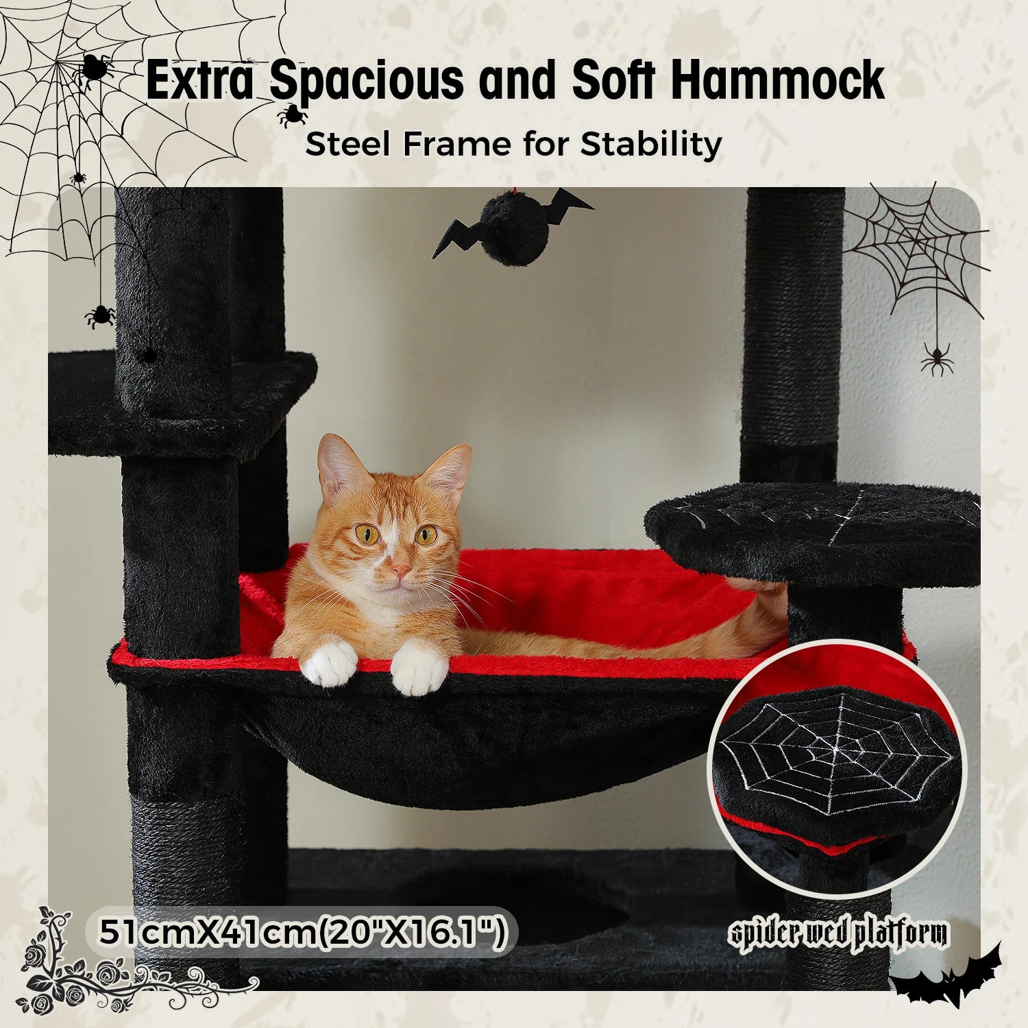 Cat sitting on a black and red hammock with spider web design, surrounded by Halloween-themed decorations.