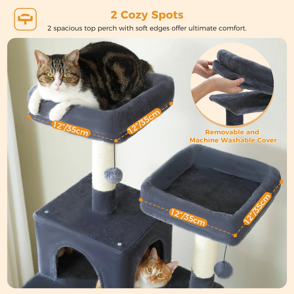 Cat tree with two spacious top perches, cat sitting on one, and another cat peeking from a hole.