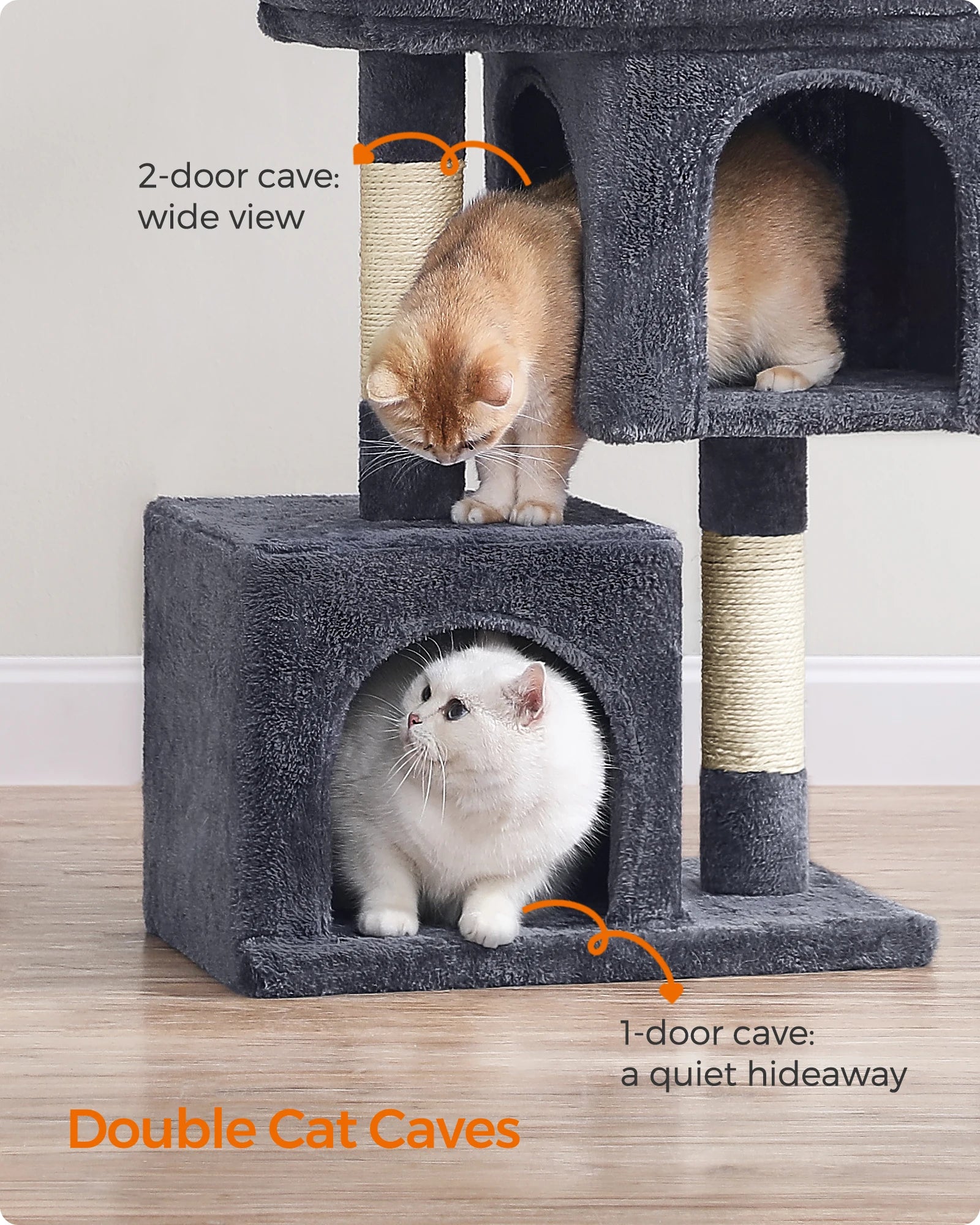 Cat tree with two cat caves labeled '2-door cave' and '1-door cave' on a wooden floor.