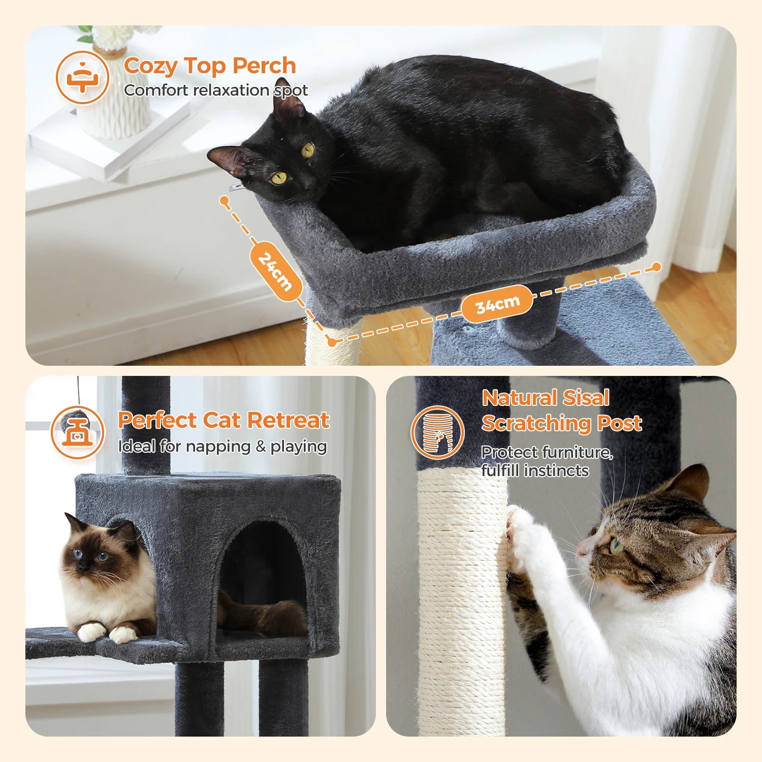 Cat tree with multiple features highlighted, including a cozy top perch, perfect cat retreat, and natural sisal scratching post.