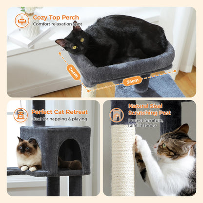 Cat tree with multiple features highlighted, including a cozy top perch, perfect cat retreat, and natural sisal scratching post.