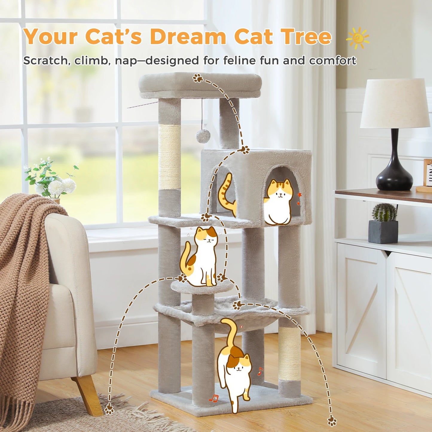 Cat tree with cartoon cats in a living room setting