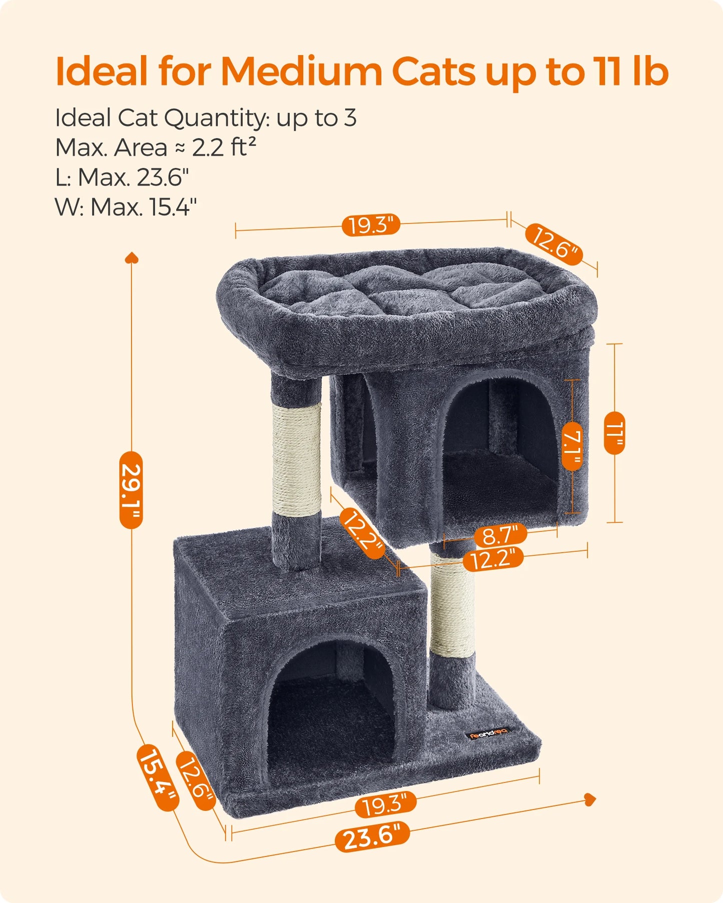 Cat tree with dimensions labeled on a beige background
