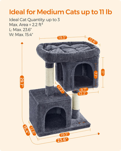 Cat tree with dimensions labeled on a beige background