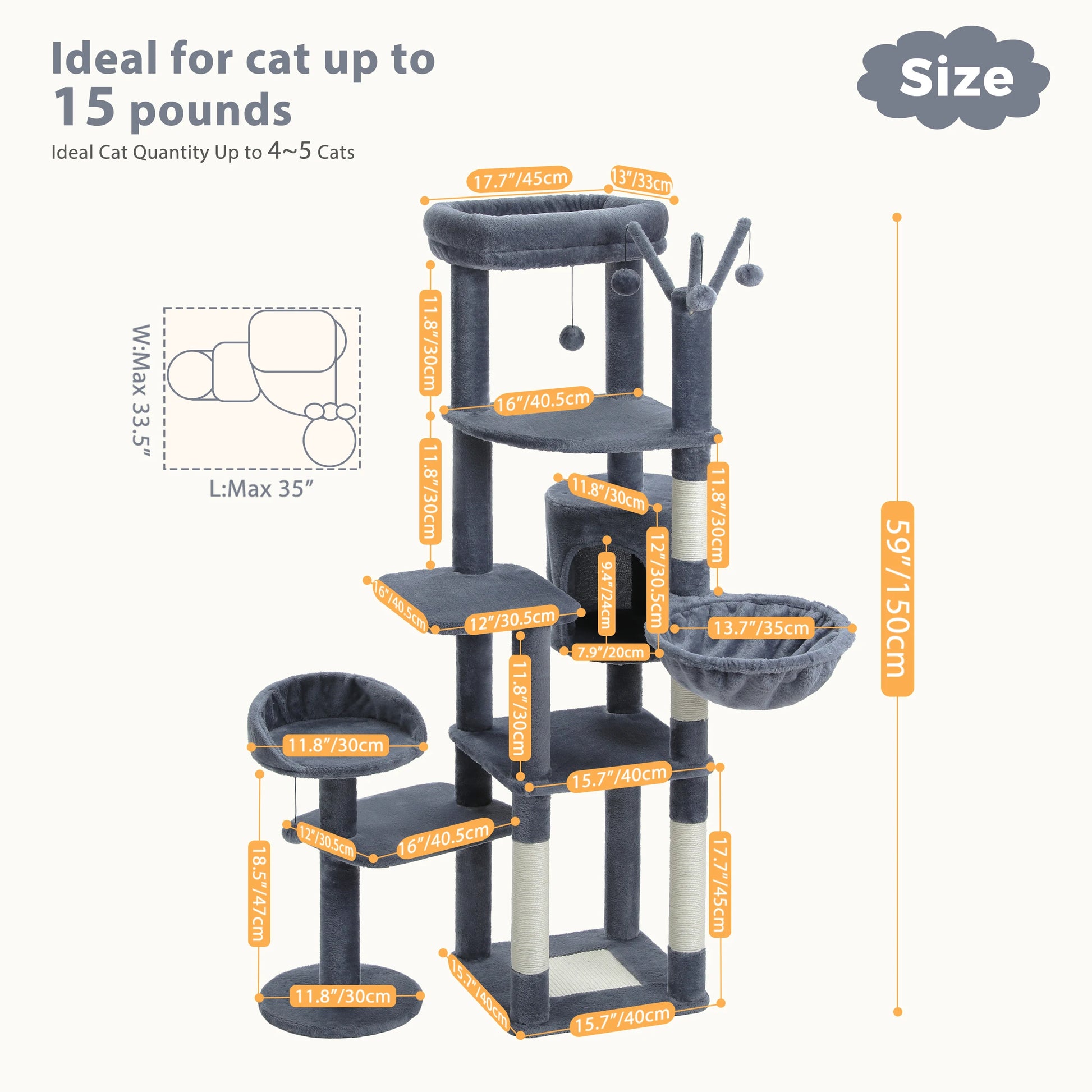 Cat tree with dimensions and specifications on a white background
