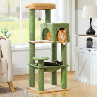 Green cat tree with two cats in a living room setting