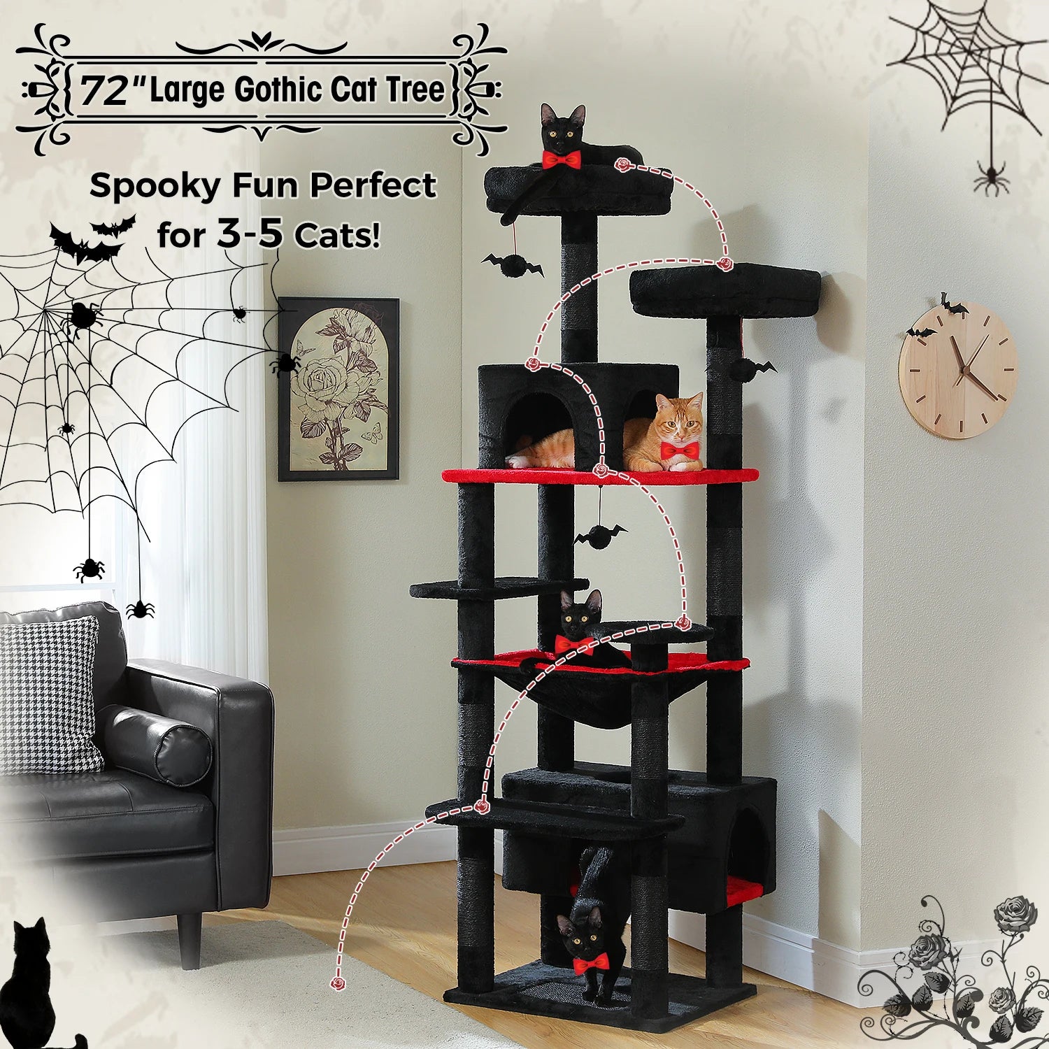 72-inch large Gothic cat tree with Halloween decorations in a room setting.