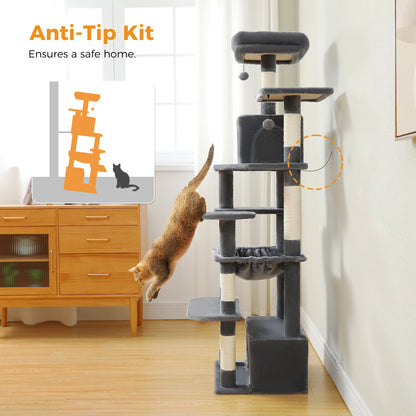Cat climbing tree with anti-tip kit feature in a home setting