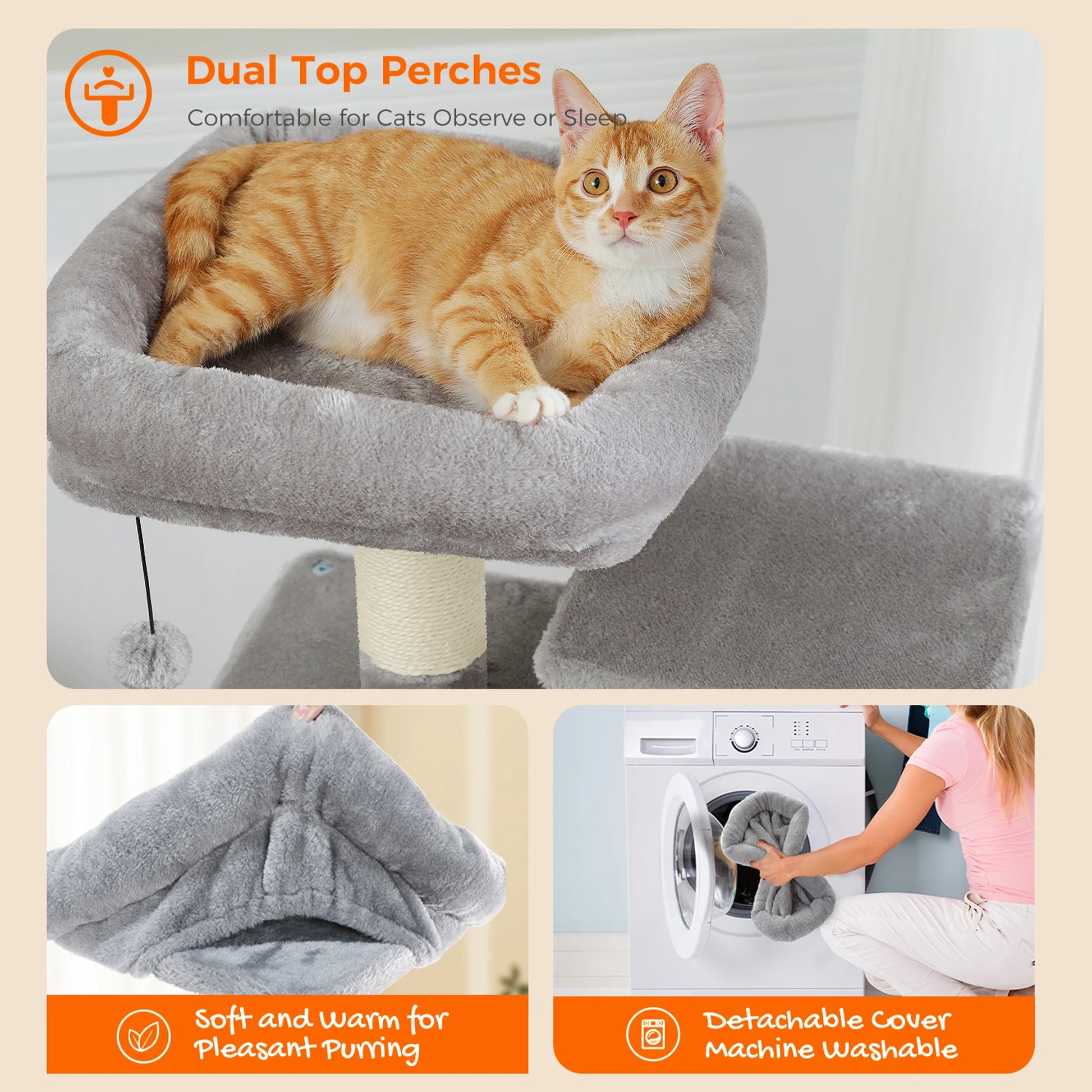 Cat sitting on a gray cat tree with detachable cover, washing machine, and person holding cover.