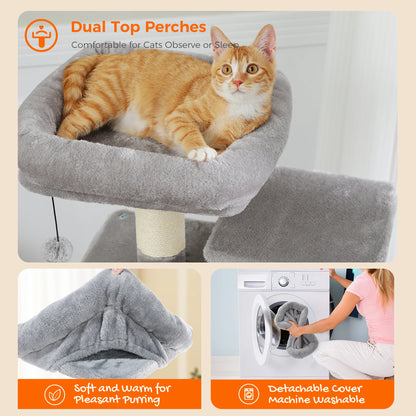 Cat sitting on a gray cat tree with detachable cover, washing machine, and person holding cover.