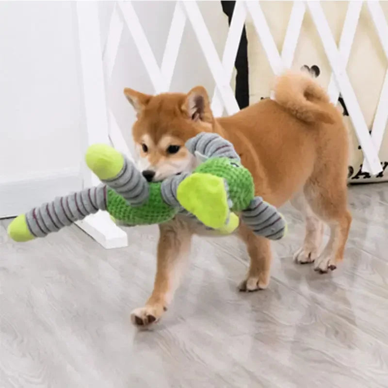 Dog playing with a toy resembling a green lizard on a light wooden floor.