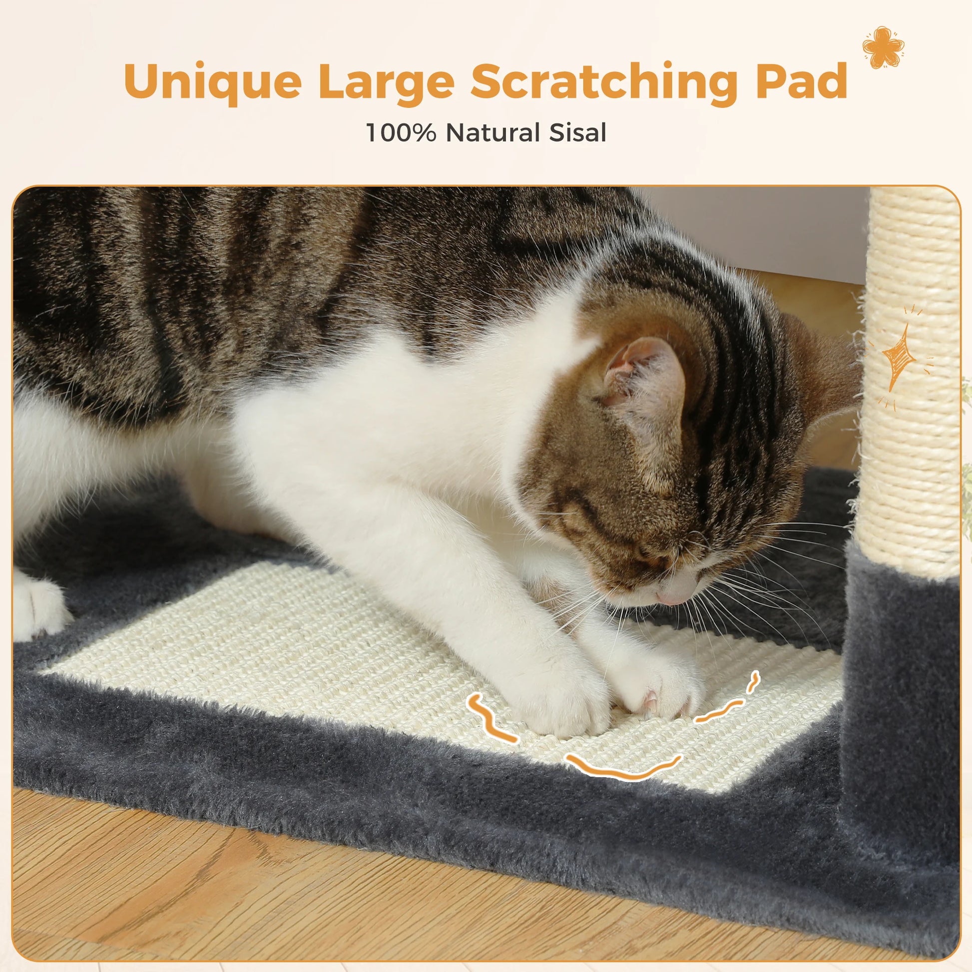Cat using a large scratching pad with natural sisal material on a wooden floor.
