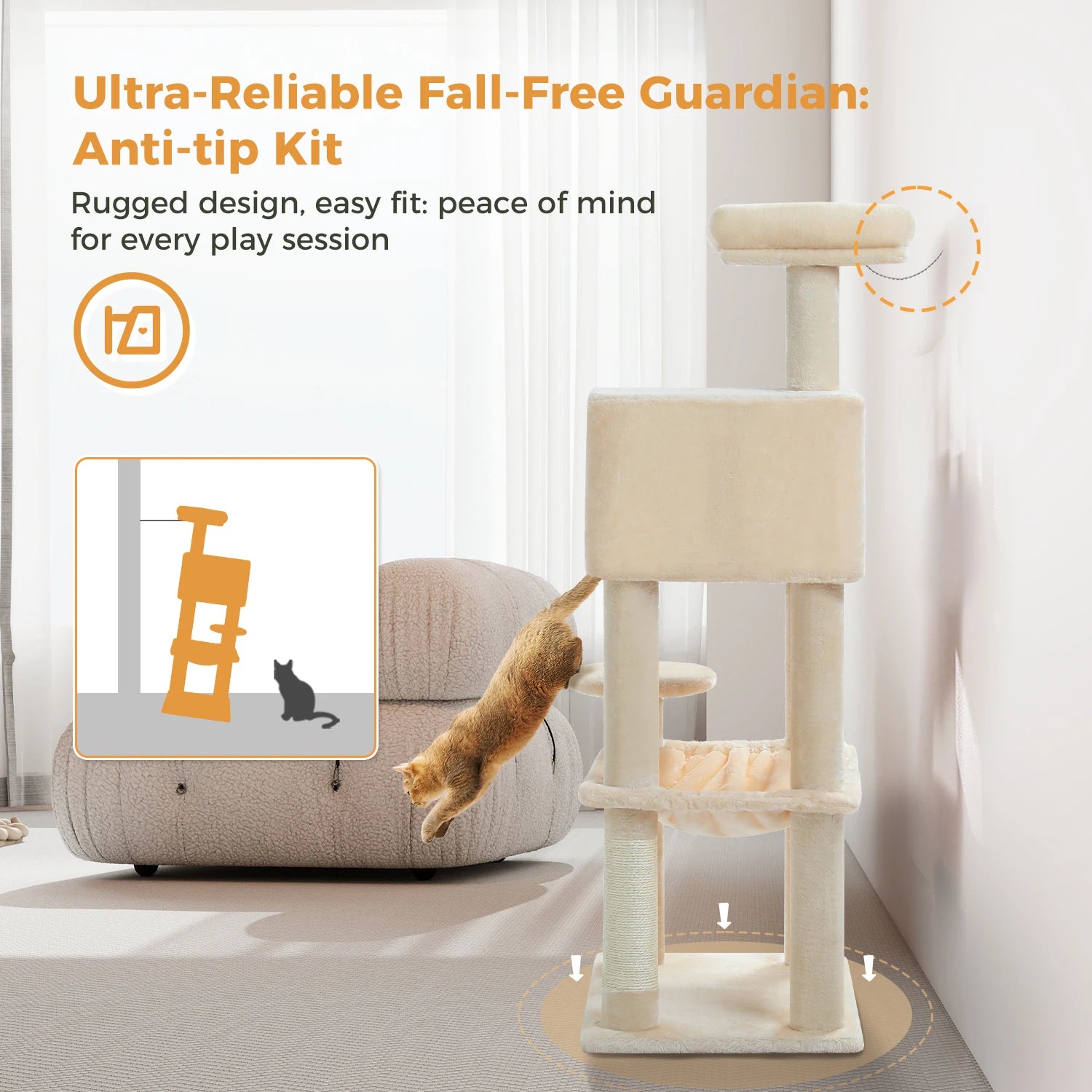 Cat climbing tree with anti-tip kit in a room setting