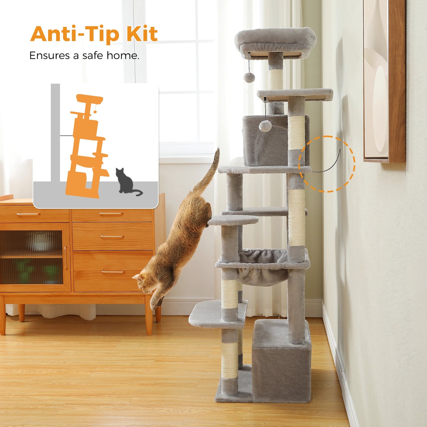 Cat climbing tree with anti-tip kit feature in a room setting