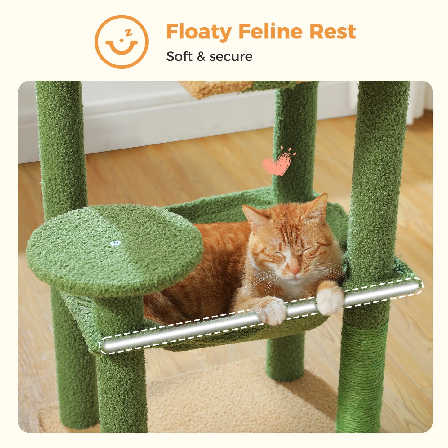 Green cat tree with a cat sitting on it, labeled 'Floaty Feline Rest'.