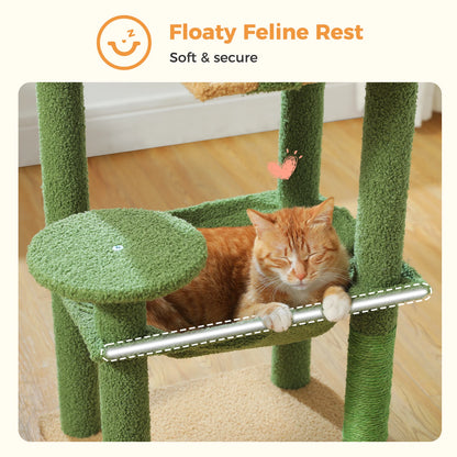 Green cat tree with a cat sitting on it, labeled 'Floaty Feline Rest'.
