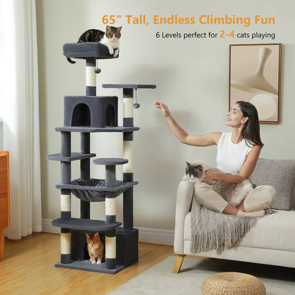 Cat tree with multiple levels, a woman sitting on a couch with a cat, and another cat on the floor.