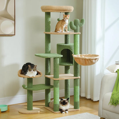 Green cat tree with multiple levels and a basket, featuring three cats in a room.